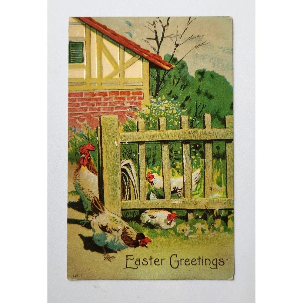 Rooster Chicken Easter Greetings Fenced Farmhouse‎ Embossed Postcard